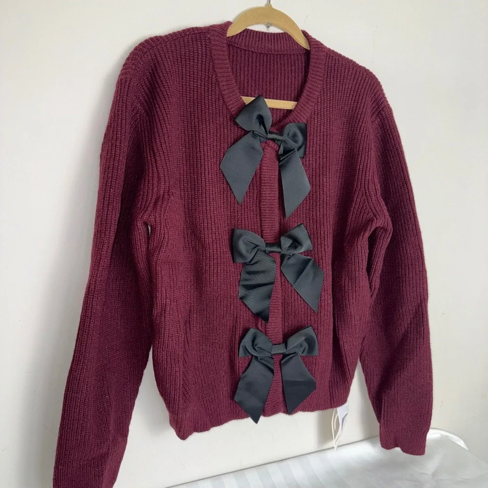 Commense Burgundy Ribbed Cardigan Black Bows Button‎ Front Womens Size M